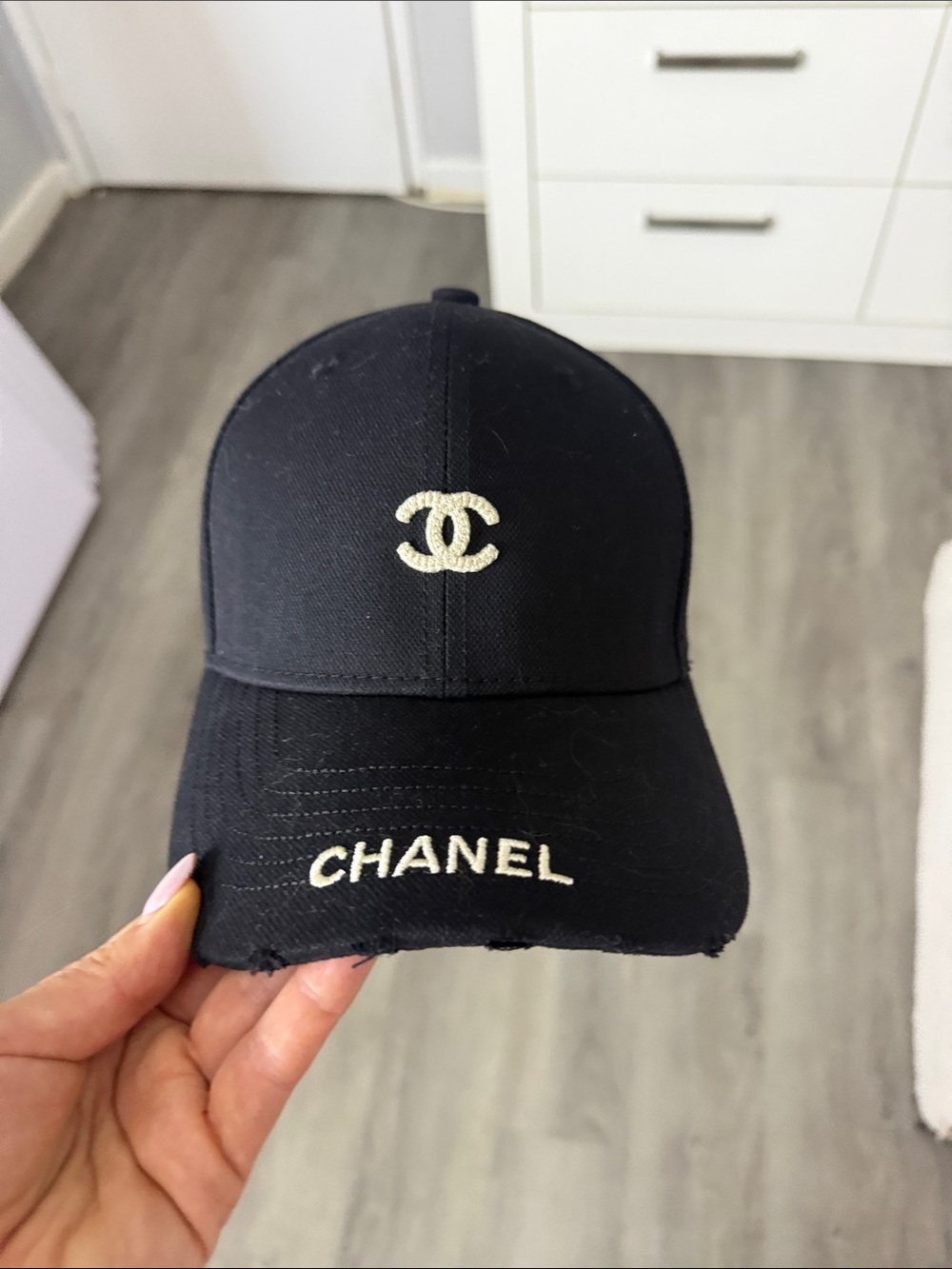 CHANEL Black Baseball Cap with Cream Embroidered CC